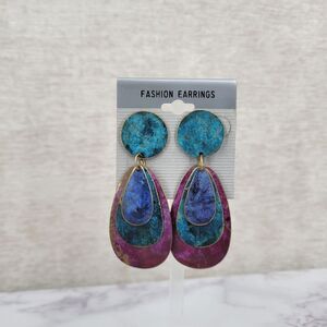 Vintage Dangle Drop Stud Pierced Fashion Earrings in Blue and Purple Teal 80s